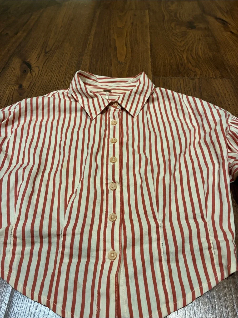 Free People Red and White Striped Cropped Button-Down Shirt